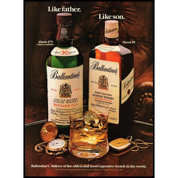 1981 Ballantine's Scotch Whisky Vintage Print Ad Rocks Glass Pocket Watch Photo - Picture 1 of 1